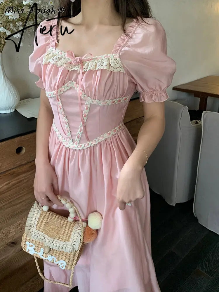 Summer Pink Vintage France Fairy Dress Lace Elegant Evening Party Midi Dress Women Puff Sleeve Korean Style Sweet Dress New Aiertu