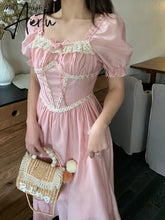 Summer Pink Vintage France Fairy Dress Lace Elegant Evening Party Midi Dress Women Puff Sleeve Korean Style Sweet Dress New Aiertu