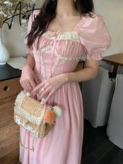 Summer Pink Vintage France Fairy Dress Lace Elegant Evening Party Midi Dress Women Puff Sleeve Korean Style Sweet Dress New Aiertu