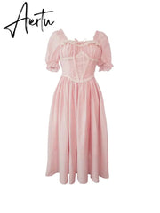 Summer Pink Vintage France Fairy Dress Lace Elegant Evening Party Midi Dress Women Puff Sleeve Korean Style Sweet Dress New Aiertu