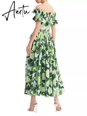 Summer Print Dress Female Square Collar Short Sleeve High Waist Patchwork Ruched Casual Dresses For Women Clothing Style New Aiertu