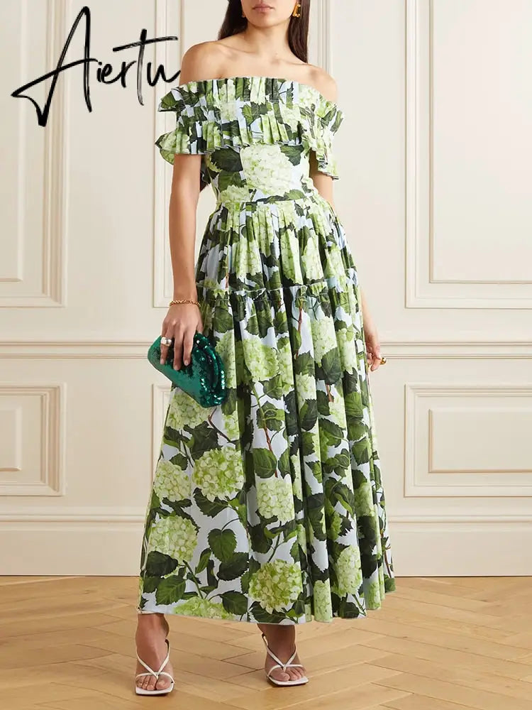 Summer Print Dress Female Square Collar Short Sleeve High Waist Patchwork Ruched Casual Dresses For Women Clothing Style New Aiertu
