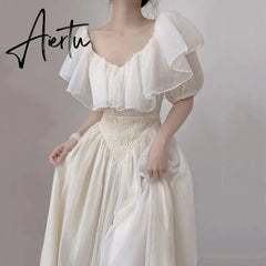 Summer Romantic Fairy Dress Woman Chic Vintage Lace Puff Sleeve Ruffles V-Neck Soft Princess Dresses Party Night Vestido Festa Aiertu