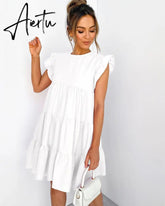Summer Ruffle Mini Dress Women Solid Color Lady Dresses O Neck Casual Loose Dresses Butterfly Sleeve Short Dress Vestidos Aiertu