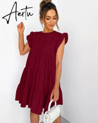 Summer Ruffle Mini Dress Women Solid Color Lady Dresses O Neck Casual Loose Dresses Butterfly Sleeve Short Dress Vestidos Aiertu