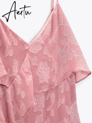 Summer Ruffles Floral Dress Women Print Slip Dress Maxi Dresses Female Elegant Side Split Backless Sleeveless Lady Aiertu
