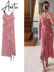 Summer Ruffles Floral Dress Women Print Slip Dress Maxi Dresses Female Elegant Side Split Backless Sleeveless Lady Aiertu