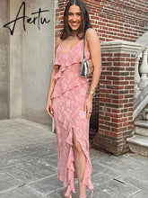 Summer Ruffles Floral Dress Women Print Slip Dress Maxi Dresses Female Elegant Side Split Backless Sleeveless Lady Aiertu