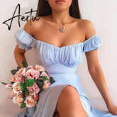 Summer's New Solid-colored Simple One-word Shoulder-length Skirt Summer Slash Neck Puff Sleeve Dresses for Women Aiertu