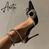 Summer Sexy Satin Slim Thin High Heel Bride Shoes Women Point Wrap Toe Crystal Sandals Ankle Buckle Luxury Wedding Shoes Mujer Aiertu