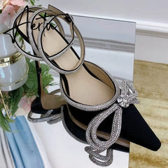 Summer Sexy Satin Slim Thin High Heel Bride Shoes Women Point Wrap Toe Crystal Sandals Ankle Buckle Luxury Wedding Shoes Mujer Aiertu