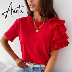 Summer Short Sleeve Women Shirt Pullover Lady Casual O Neck Solid Blouse Shirt Fashion Layered Ruffle Tops Blusa Streetwear Aiertu