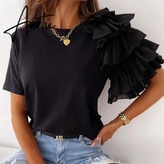 Summer Short Sleeve Women Shirt Pullover Lady Casual O Neck Solid Blouse Shirt Fashion Layered Ruffle Tops Blusa Streetwear Aiertu