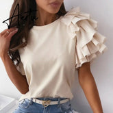 Summer Short Sleeve Women Shirt Pullover Lady Casual O Neck Solid Blouse Shirt Fashion Layered Ruffle Tops Blusa Streetwear Aiertu