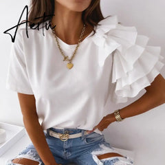 Summer Short Sleeve Women Shirt Pullover Lady Casual O Neck Solid Blouse Shirt Fashion Layered Ruffle Tops Blusa Streetwear Aiertu