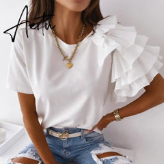 Aiertu Summer Short Sleeve Women Shirt Pullover Lady Casual O Neck Solid Blouse Shirt Fashion Layered Ruffle Tops Blusa Streetwear Aiertu