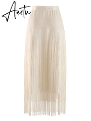 Summer Solid Bodycon Skirt Female High Waist Spliced Tassel Slim Casual Skirt Women Style Fashion Clotthing Aiertu