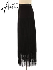 Summer Solid Bodycon Skirt Female High Waist Spliced Tassel Slim Casual Skirt Women Style Fashion Clotthing Aiertu
