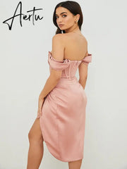 Summer Solid Color Dress Diagonal Shoulder Suspenders Sexy Red Dress Slit Fishbone One Word Collar Women'S Clothing Dresses Aiertu