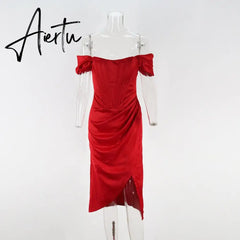 Summer Solid Color Dress Diagonal Shoulder Suspenders Sexy Red Dress Slit Fishbone One Word Collar Women'S Clothing Dresses Aiertu