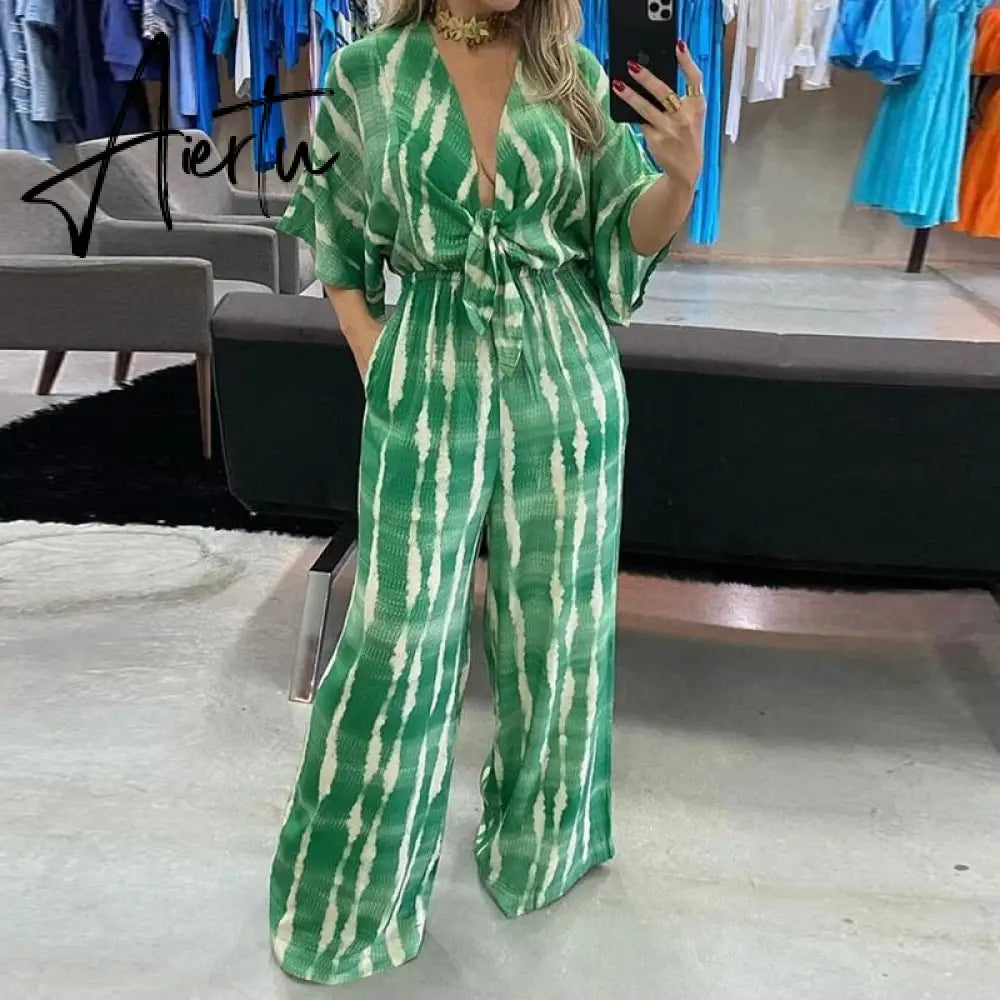 Summer Striped Print Waisted Romper Women Fashion V-neck Half Sleeve Jumpsuit Ladies Casual Wide Leg Pant Playsuit Overalls Aiertu
