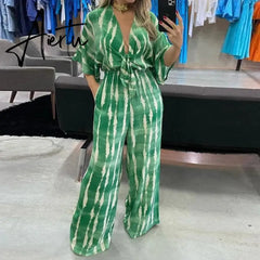 Summer Striped Print Waisted Romper Women Fashion V-neck Half Sleeve Jumpsuit Ladies Casual Wide Leg Pant Playsuit Overalls Aiertu