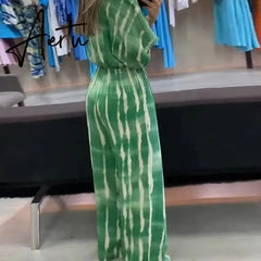 Summer Striped Print Waisted Romper Women Fashion V-neck Half Sleeve Jumpsuit Ladies Casual Wide Leg Pant Playsuit Overalls Aiertu