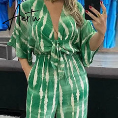 Summer Striped Print Waisted Romper Women Fashion V-neck Half Sleeve Jumpsuit Ladies Casual Wide Leg Pant Playsuit Overalls Aiertu