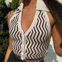 Summer Striped y2k Tops Halter Knitted Vest For Women Sexy Backless Slim Crop tops Outfits Female Tank Tops Streetwear Aiertu