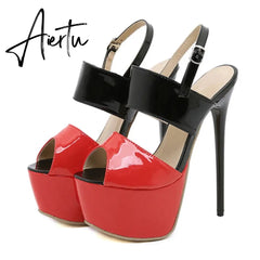 Summer Style Sexy 17cm Women Sandals High Heels Fashion Open Toe Buckles Nightclub Party Shoes Black Size 35-42 Aiertu
