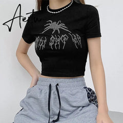 Summer Tank Tops Punk Vintage Rhinestone Spider Graphic Black Vest Gothic Style O-neck Short Sleeve Crop Top Women Slim Tanks Aiertu