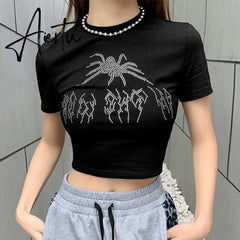Summer Tank Tops Punk Vintage Rhinestone Spider Graphic Black Vest Gothic Style O-neck Short Sleeve Crop Top Women Slim Tanks Aiertu