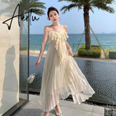 Summer White Lace Suspender Dresses Women's Elegant Pleated Long Dresses New Female Backless Sexy Beach Vacation Dresses Aiertu
