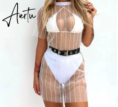 Summer Women Beach Swimsuit Cover Up Sexy Mesh Sheer Bikini Beach Cover Up Swimsuit Bathing Loose Bikini Tops swimwear New Aiertu