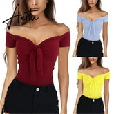 Summer Women Casual Beach Party Stretch Slim Fitted Tee T-Shirt Women Sexy Off Shoulder V-neck Bow Cotton Tops Aiertu