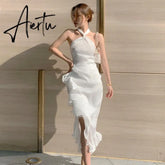 Summer Women Elegant Suspenders Midi Dress White Sexy Backless Ruffle Fishtail Dress Retro Luxury Ladies Clothing Aiertu