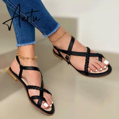 Summer Women Flat Sandals Fashion Buckle Strap Open Toe Beach Casual Women's Shoes Flats Pus Size Ladies Sandals Aiertu