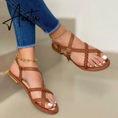 Summer Women Flat Sandals Fashion Buckle Strap Open Toe Beach Casual Women's Shoes Flats Pus Size Ladies Sandals Aiertu