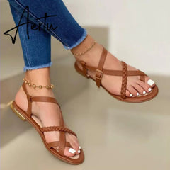 Summer Women Flat Sandals Fashion Buckle Strap Open Toe Beach Casual Women's Shoes Flats Pus Size Ladies Sandals Aiertu