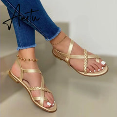 Summer Women Flat Sandals Fashion Buckle Strap Open Toe Beach Casual Women's Shoes Flats Pus Size Ladies Sandals Aiertu