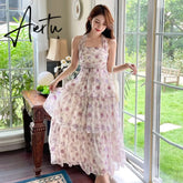 Summer Women Floral Print Long Dress Backless Sleeveless Sexy Slit Beach Sundresses Bohemian Elegant Wedding Guest Party Dress Aiertu