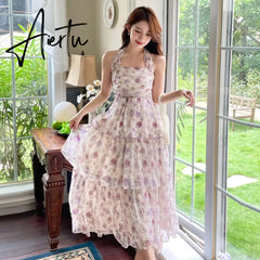 Summer Women Floral Print Long Dress Backless Sleeveless Sexy Slit Beach Sundresses Bohemian Elegant Wedding Guest Party Dress Aiertu