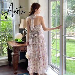 Summer Women Floral Print Long Dress Backless Sleeveless Sexy Slit Beach Sundresses Bohemian Elegant Wedding Guest Party Dress Aiertu