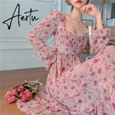 Summer Women French Vintage Rose Floral Dress Square Neck Long Sleeve Slim Pearl Button Long Dress Elegant Ladies Clothes Aiertu