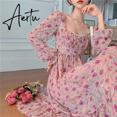 Summer Women French Vintage Rose Floral Dress Square Neck Long Sleeve Slim Pearl Button Long Dress Elegant Ladies Clothes Aiertu