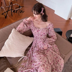 Summer Women French Vintage Rose Floral Dress Square Neck Long Sleeve Slim Pearl Button Long Dress Elegant Ladies Clothes Aiertu