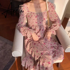 Summer Women French Vintage Rose Floral Dress Square Neck Long Sleeve Slim Pearl Button Long Dress Elegant Ladies Clothes Aiertu