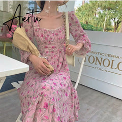 Summer Women French Vintage Rose Floral Dress Square Neck Long Sleeve Slim Pearl Button Long Dress Elegant Ladies Clothes Aiertu