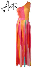 Summer Women High Slit One Shoulder Maxi Dress Party Dress Outfits Aiertu