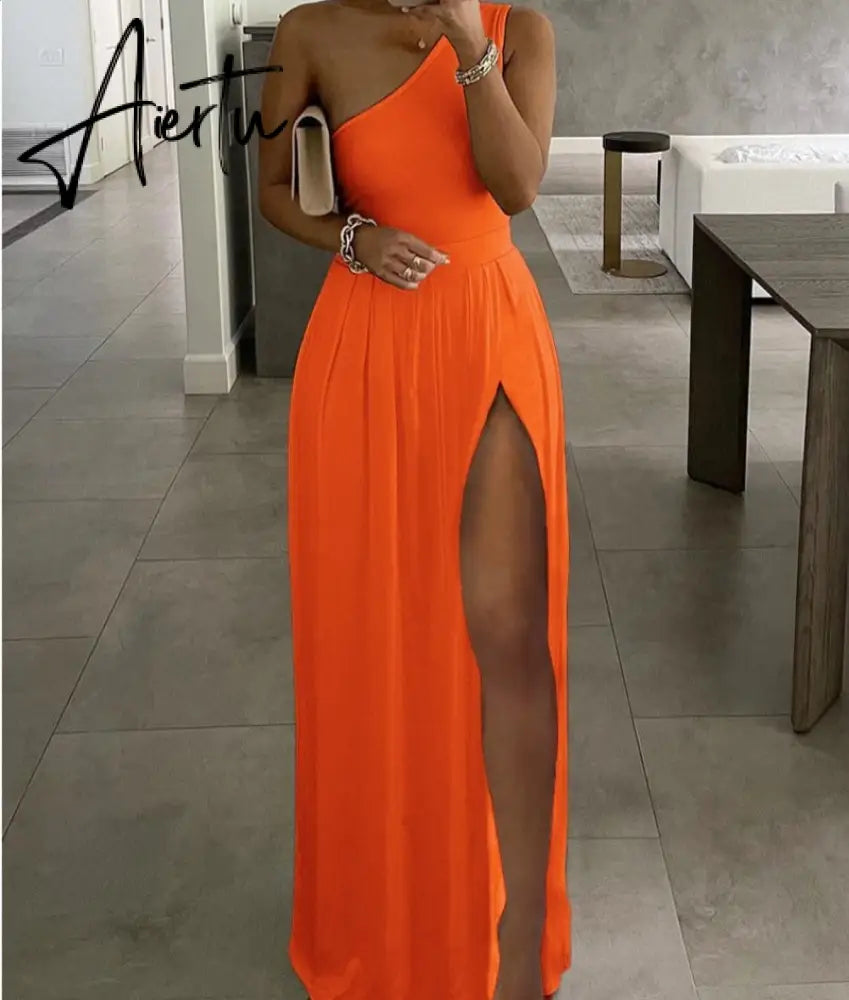 Summer Women High Slit One Shoulder Maxi Dress Party Dress Outfits Aiertu